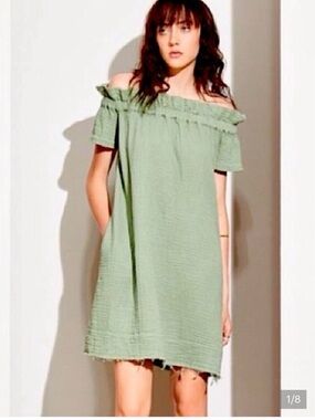 Anthropologie Olive Green Off-Shoulder Mini Dress